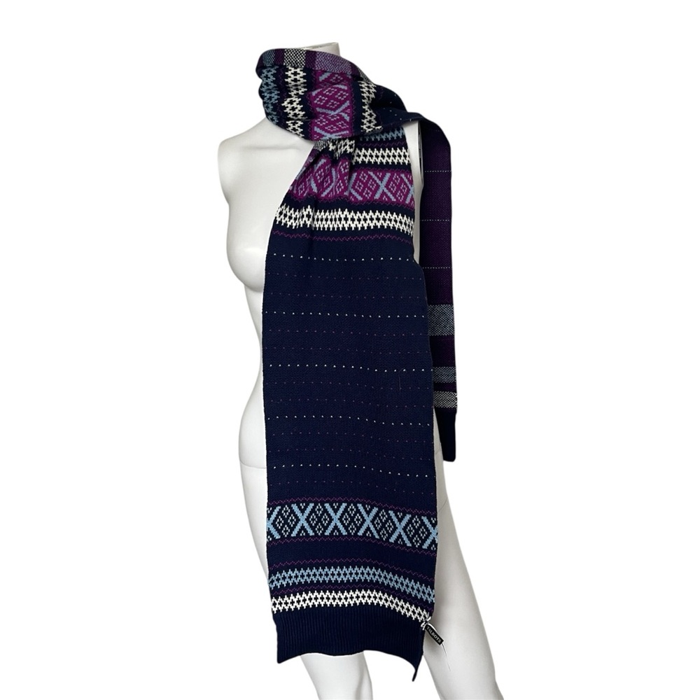 Talbots Fair Isle winter Scarf Blue Purple Knit Cotton Cashmere Blend